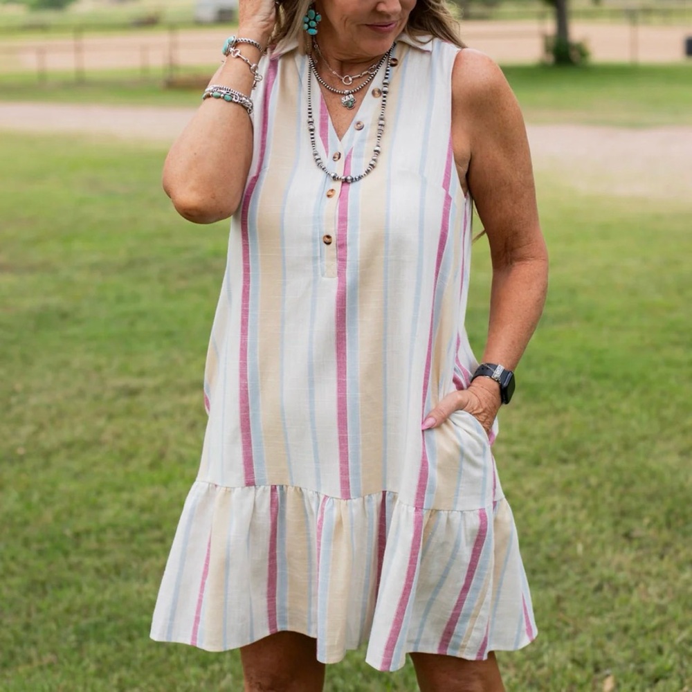 Ott 100% Cotton Striped Sleeveless Dress. Size M